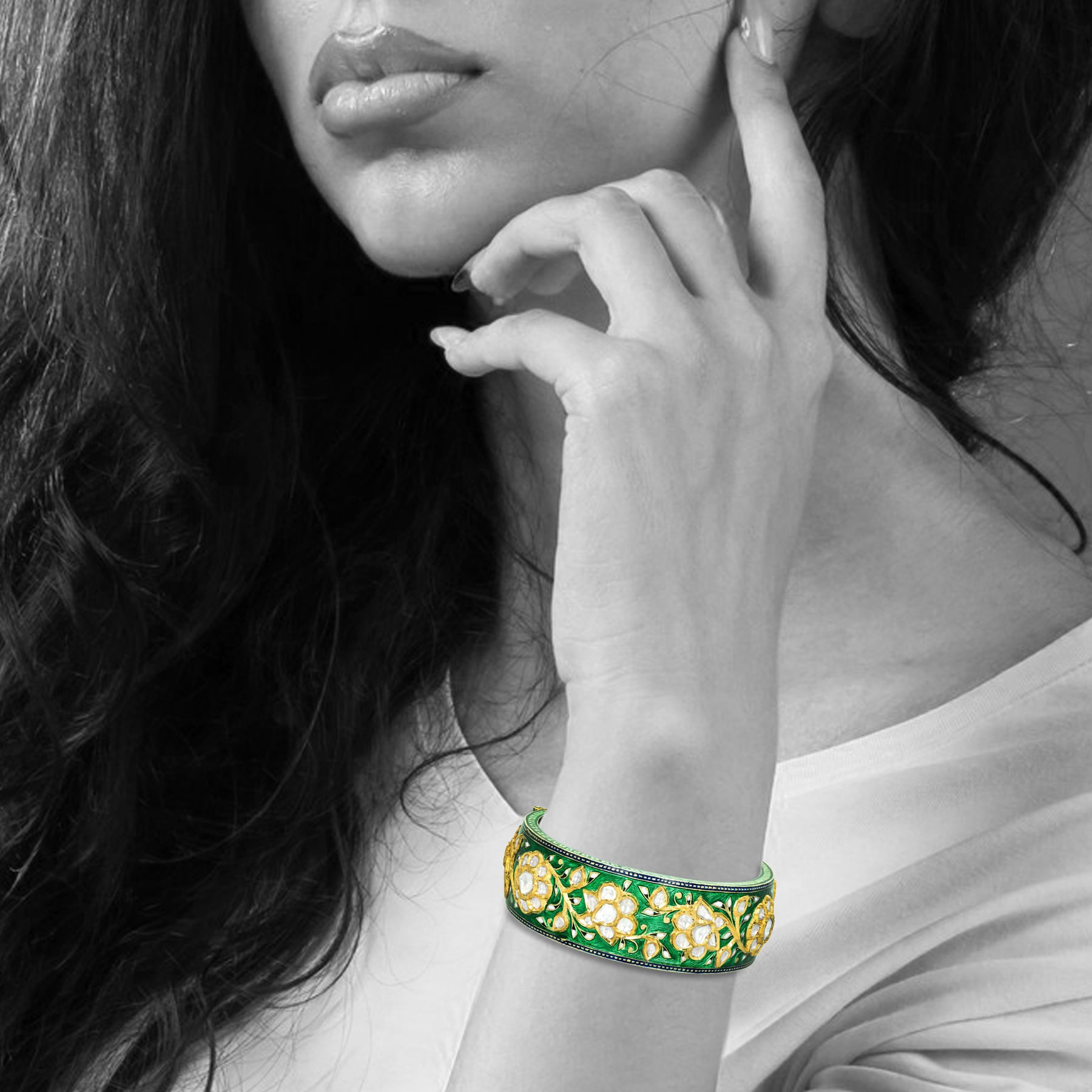 Green Enamel Bangle with Polki Florals and Blue Inner Motifs